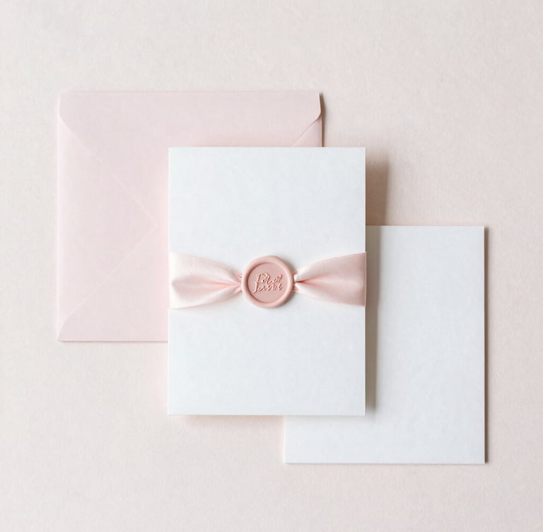 Portrait image of a delicate wedding invitation suite in pale pink and white, with a wax seal and silk ribbon, soft natural light, minimalist composition, generous negative space.