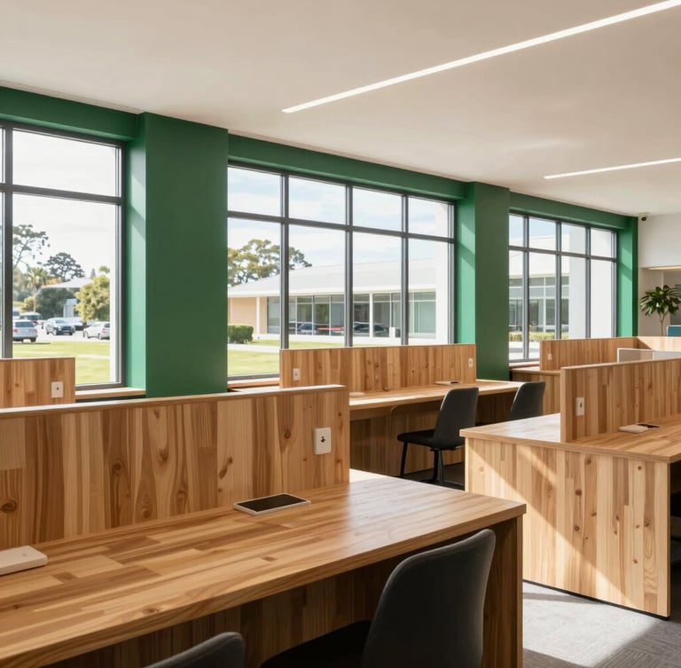 Bright architectural interior photography of Kaitaia Digital Hub, natural daylight streaming through large windows onto warm wood desks, modern clean design with deep green accents, 35mm.
