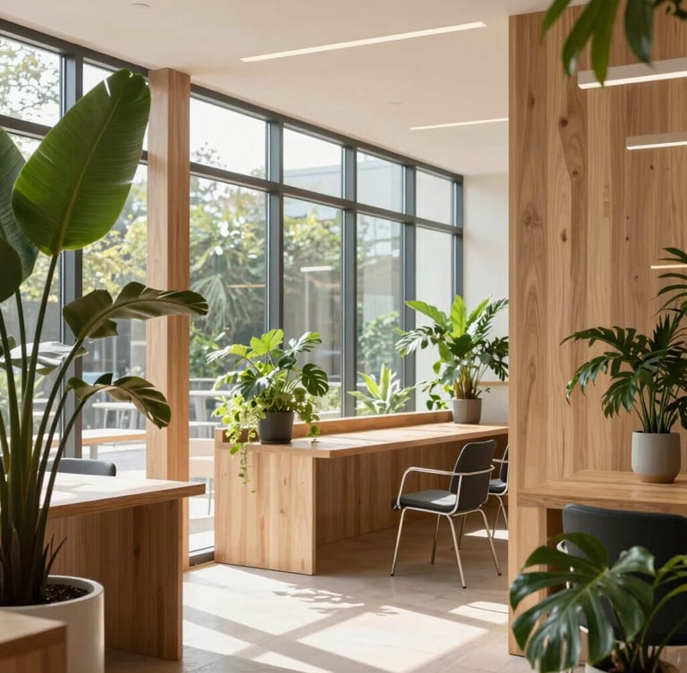 Bright architectural photography of a modern wooden co-working space, natural daylight streaming through large windows, native green plants framing the clean interior, 35mm