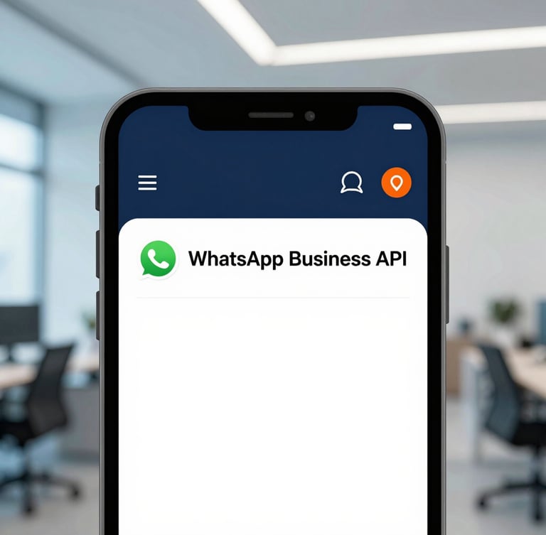 Close-up of a modern mobile screen displaying a verified WhatsApp Business API interface, clean workspace in Mohali with soft blue ambient light, 35mm