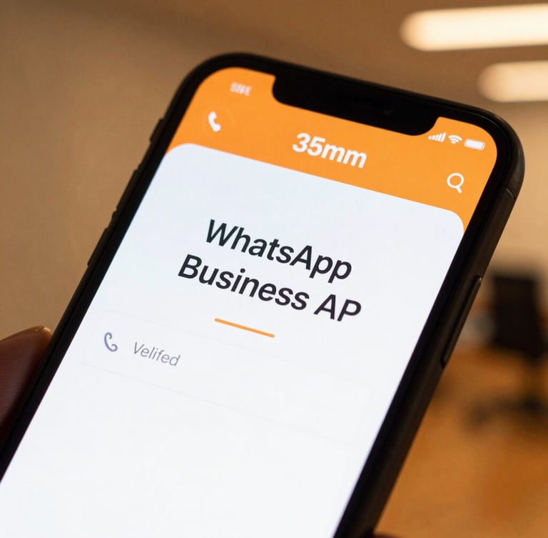 Close-up of a modern mobile screen displaying a clean verified WhatsApp Business API interface, warm amber-orange accent lighting, shallow depth of field, 35mm