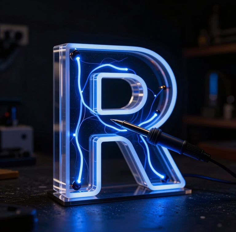 Close-up dramatic macro photograph of a soldering iron wiring intense electric blue LED strips inside a fabricated 3D acrylic letter, deep shadows, dark workshop background.