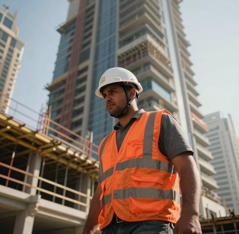 Dynamic low-angle shot of a focused construction worker in clean high-vis orange vest and white safety helmet on an active Dubai high-rise site, bright direct daylight, sharp industrial photography