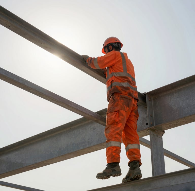 Low-angle sharp industrial photography of a focused construction worker in clean orange safety gear and helmet working on a structural steel frame in Dubai, bright direct sunlight, high-contrast.