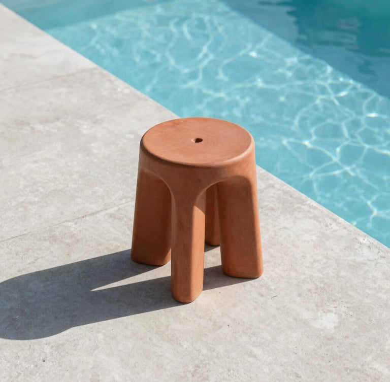 Low-angle architectural shot of a monolithic terracotta resin stool cast in sharp midday sunlight by a clean concrete pool edge, graphic shadows, 35mm