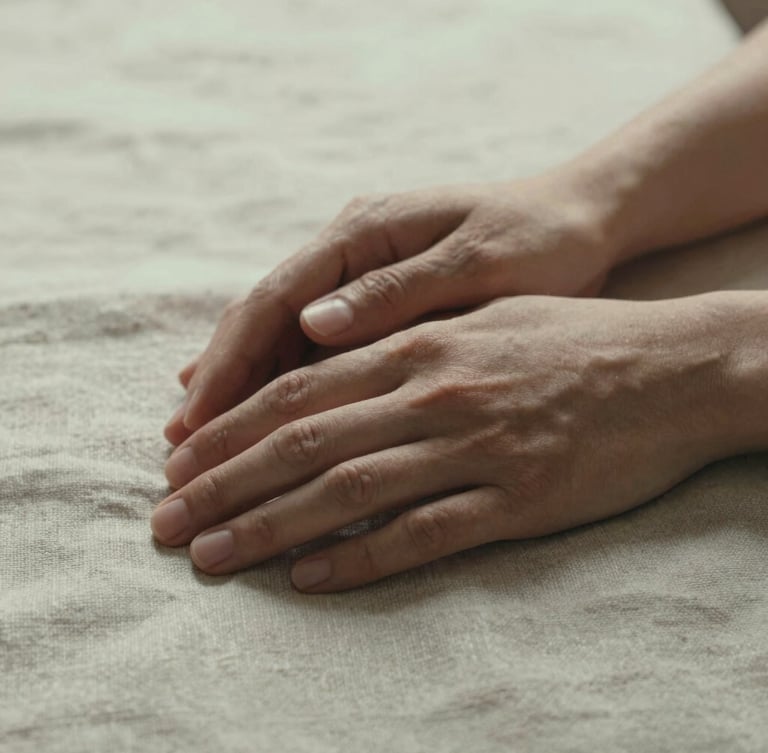 Close-up of hands resting gently on a textured linen fabric, soft diffused overcast daylight, cinematic grain, warm editorial tones.