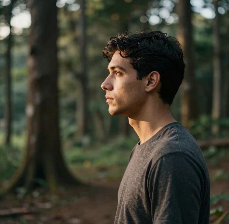 Retrato sutil de um fotógrafo de perfil em meio à natureza, luz suave de fim de tarde filtrada pelas árvores, tom cinematográfico e grão sutil.