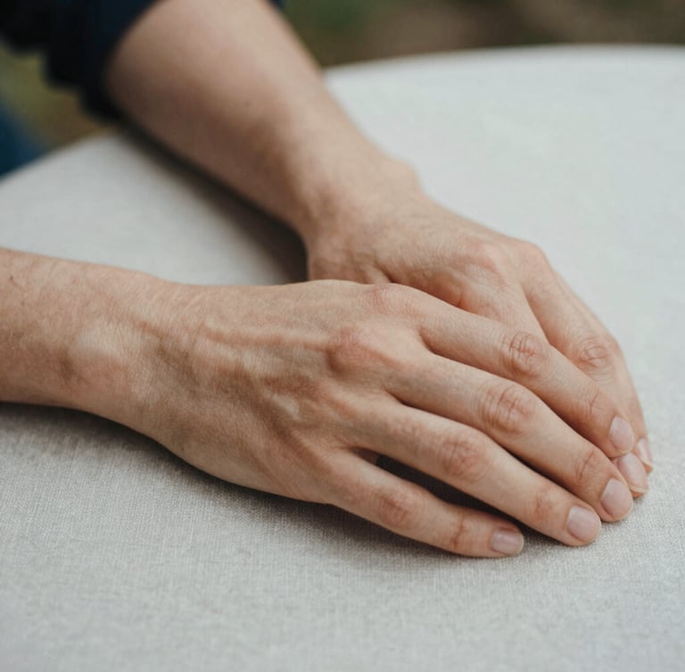 Extreme close-up of a person's hands resting quietly on a linen-covered table, soft diffused overcast daylight, visible film grain, warm tones.