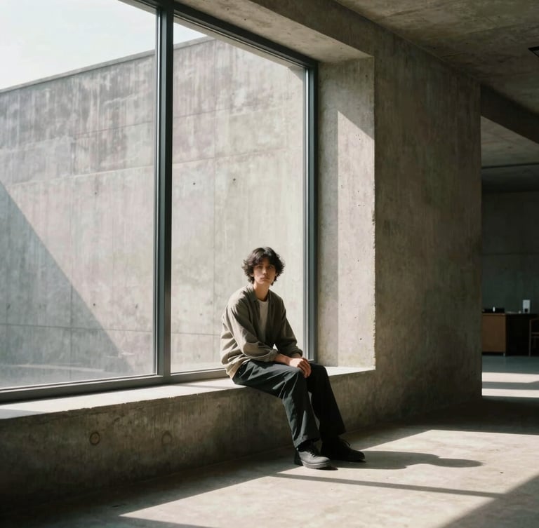 Wide environmental portrait of a person sitting quietly near a large concrete window, harsh direct sunlight casting deep geometric shadows, minimalist architecture, warm tones.