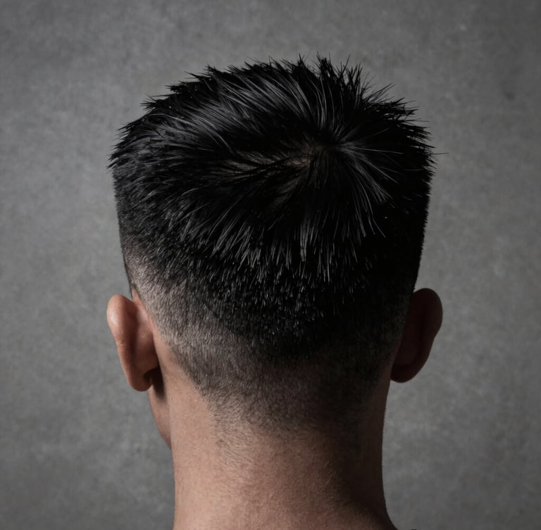Macro crop of sharp hair fade, high-contrast studio lighting, monochromatic tones with deep blacks, sharp focus, empty clean concrete background