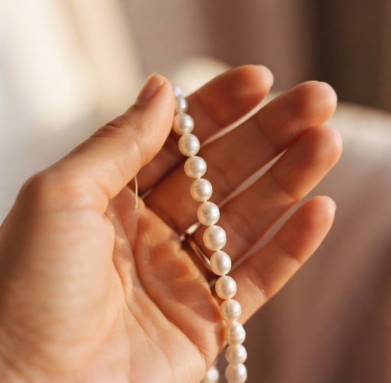 Macro shot of a hand delicately holding a strand of luminous freshwater pearls, warm golden-hour light, cream and dusty rose tones, shallow depth of field, worn on skin.