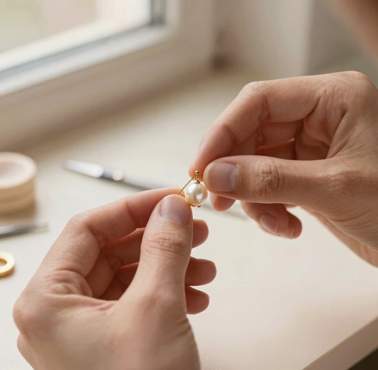 Close-up macro shot of delicate artisan hands, bathed in soft side window light, meticulously assembling a brushed gold earring with a freshwater pearl, tools and tiny components visible on a cream workbench, shallow depth of field, warm editorial photography.