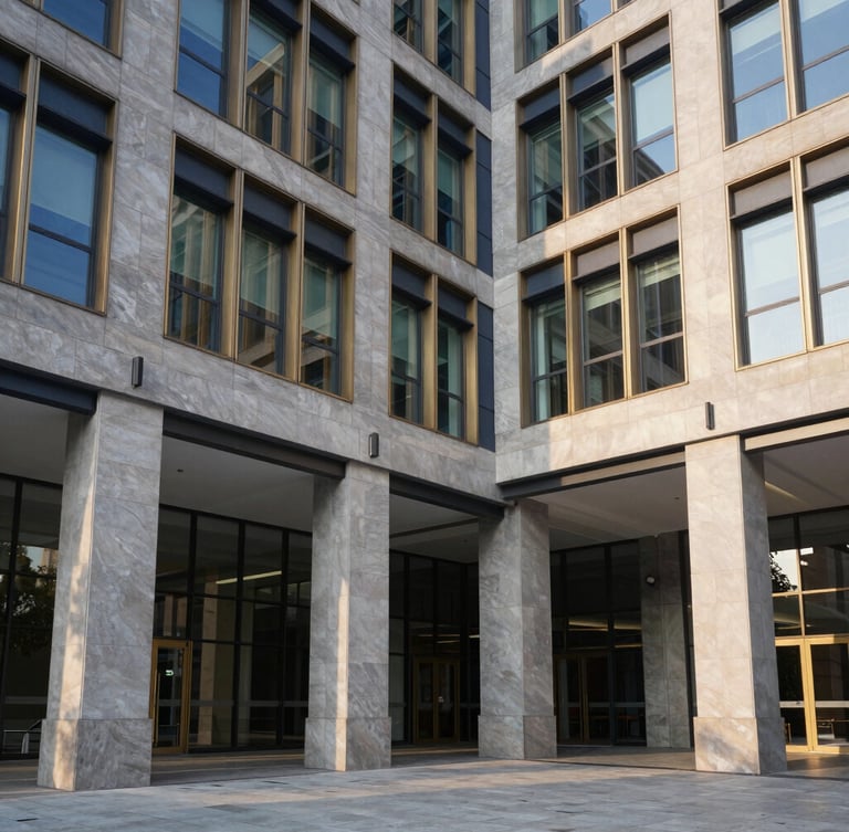Architectural wide angle of a modern medical research campus facade with clean stone pillars, dramatic afternoon sunlight, editorial corporate photography