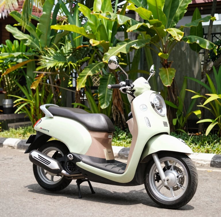 Bright tropical daylight 35mm photograph of a brand new pastel-colored Honda Scoopy motorcycle parked on a clean paved driveway in Indonesia, lush green foliage in the background