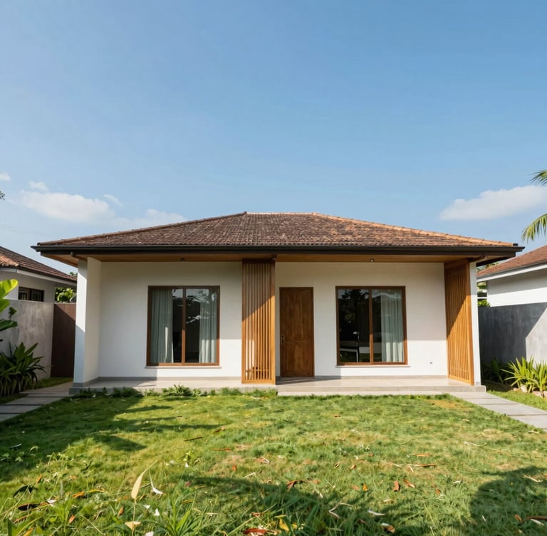 Wide-angle architectural shot of a modern minimalist rental house in Indonesia, bright natural daylight, clean green lawn, clear blue sky