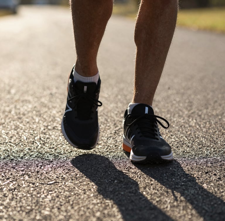 Dynamic close-up athletic shot of running shoes striking the asphalt road, morning light, high contrast athletic tones, action shot