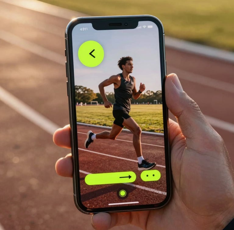 Close-up of a modern smartphone screen displaying a running pace chart with neon lime accents, held by a runner on an asphalt track during golden hour morning light, dynamic sports photography