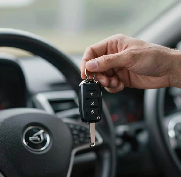Close-up of a hand handing over shiny car keys to another person, clean modern car dashboard in soft focus background