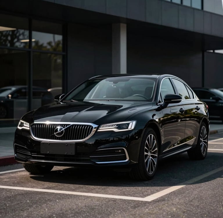 3/4 front-angle shot of a pristine black sedan parked in a modern corporate lot, high-contrast dramatic lighting highlighting the vehicle contours, dark background.