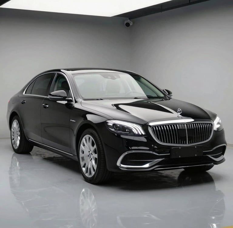 A pristine black luxury sedan parked in a clean modern garage, sharp reflections on the glossy paint, 3/4 front angle, professional studio lighting, portrait aspect ratio.