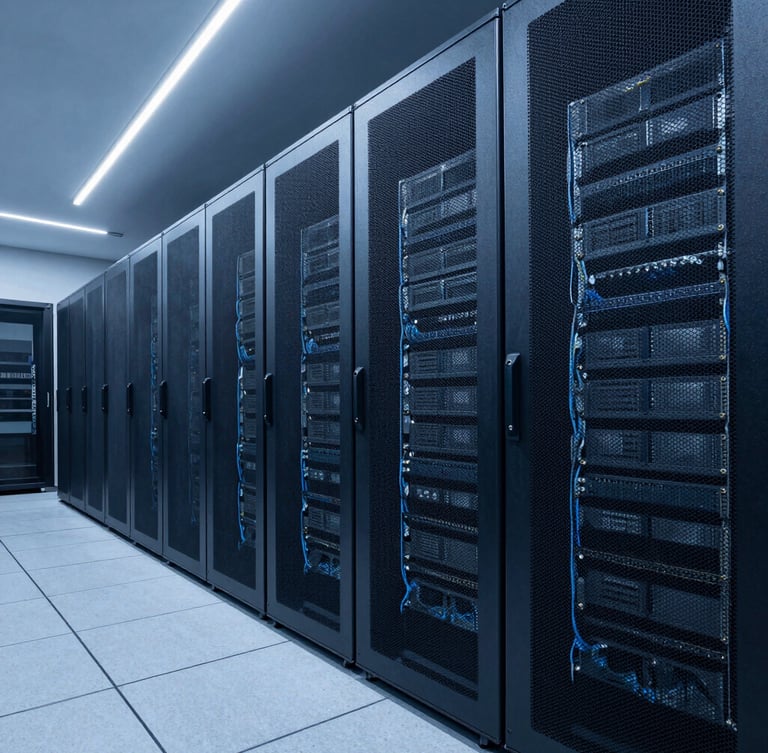 Wide-angle architectural shot of a modern high-tech server room with cool-toned blue lighting and clean cabling, sharp focus, 35mm