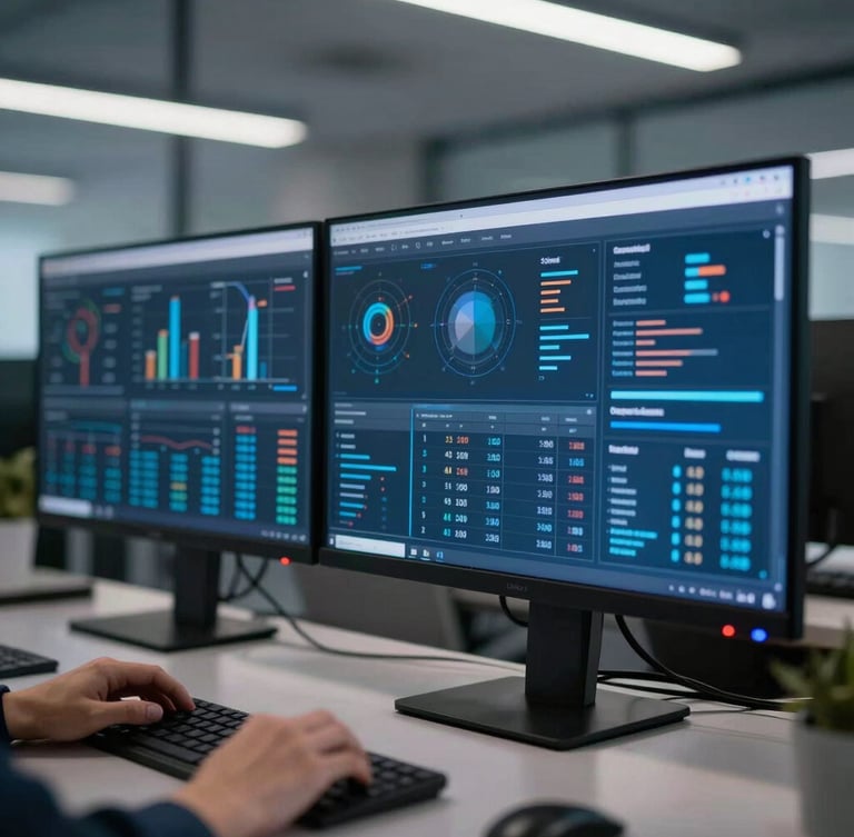 Close-up of a developer analyzing complex data visualizations on high-resolution screens in a cool-toned architectural office, 35mm