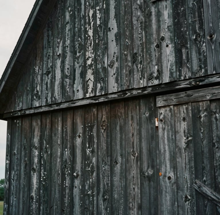 Close-up detail of weathered vertical dark wood siding on an old Maryland barn, soft overcast light, desaturated tones, 35mm lens.