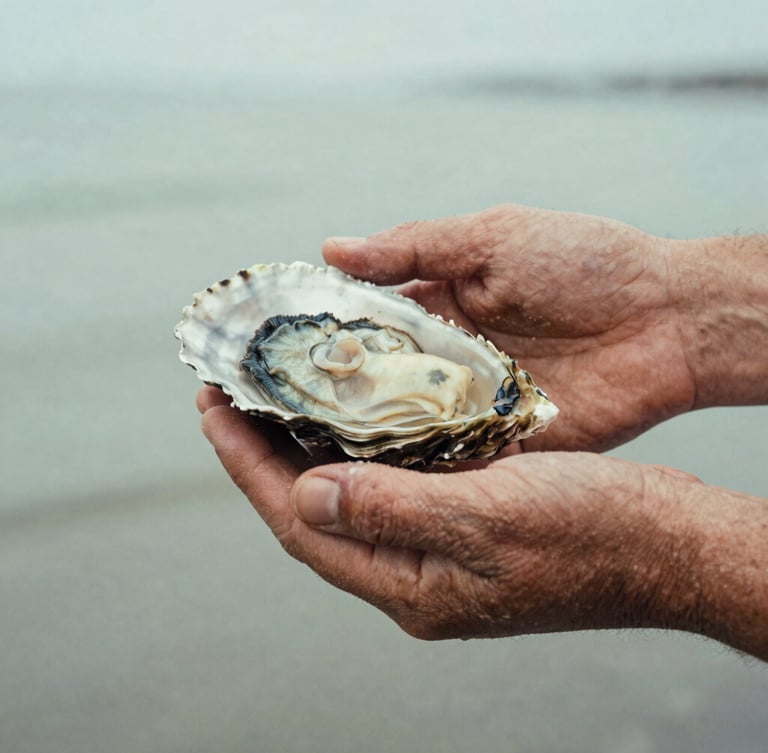 Close-up of a waterman's weather-worn hands holding an oyster shell, salt-crusted skin, natural overcast light, desaturated earth tones, 35mm film.