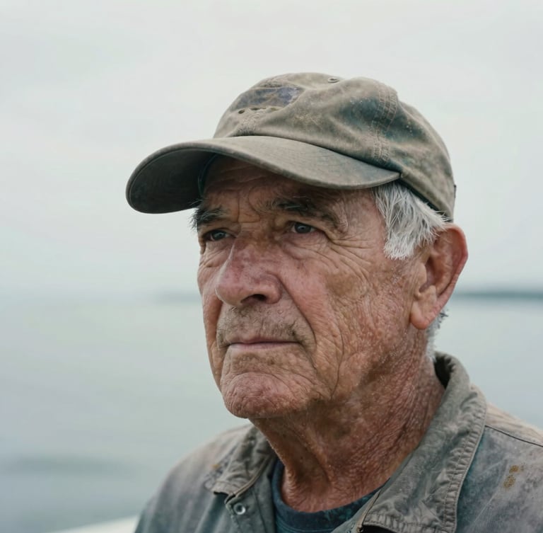 A close-up environmental portrait of an elderly Maryland waterman in a weathered canvas cap, looking off-camera with a quiet expression, soft overcast morning light, desaturated earth tones.