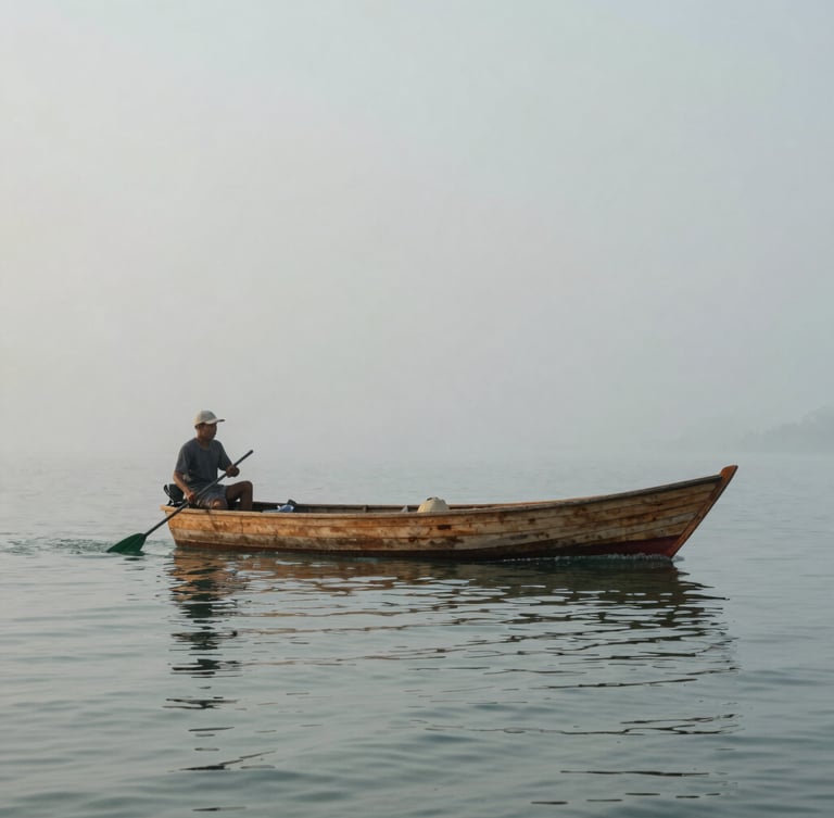 An environmental portrait of a waterman steering a wooden deadrise boat through calm morning mist, soft gray and green tones.