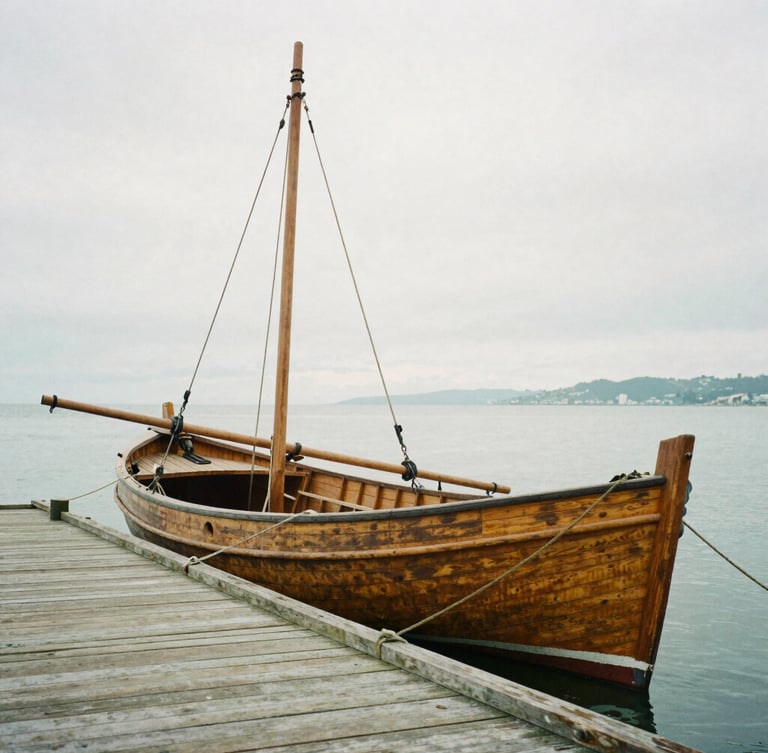 Medium shot of a historic wooden skipjack boat docked at a weathered pier, soft overcast coastal light, desaturated earth tones, 35mm lens