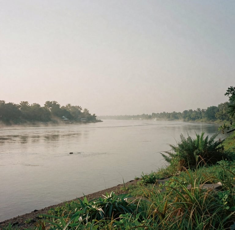 Wide environmental landscape of a quiet river shoreline in Southern Maryland at early morning mist, soft overcast coastal daylight, desaturated earth tones, muted greens and grays, documentary film photography, 35mm lens