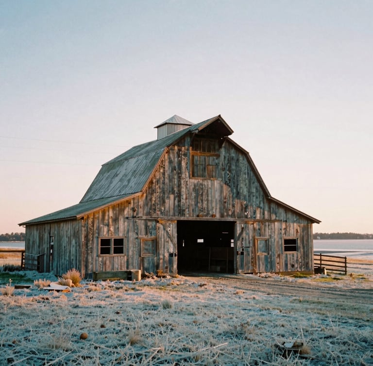 Large-format portrait of a weathered tobacco barn in a winter freeze, low golden hour sun, soft desaturated earth tones, documentary film photography, 35mm lens