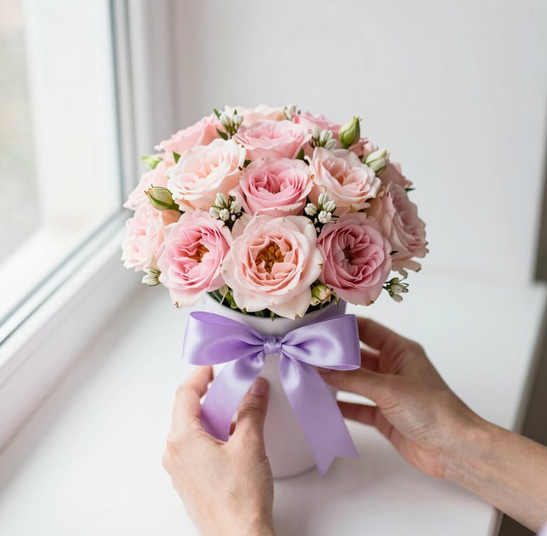 Overhead flatlay of hands delicately arranging a custom cup bouquet with blush pink florals and a lavender satin bow, soft morning window light