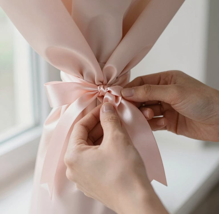 Close-up of hands delicately tying a luxurious blush pink satin ribbon around a custom bouquet, soft morning light, shallow depth of field, 35mm