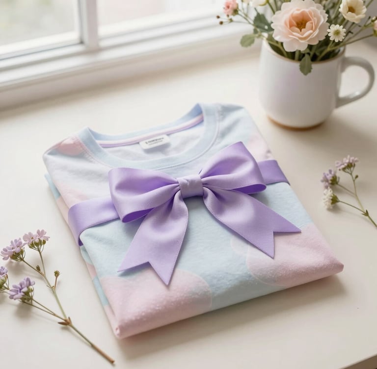 Overhead flatlay of curated gift items: a personalized pastel tee neatly folded with a lavender bow, a custom ceramic cup bouquet, and delicate floral stems on a cream surface, soft morning window light, shallow depth of field, 35mm