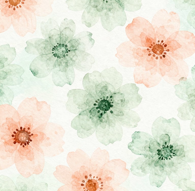 Close-up detail of watercolor floral textures in soft peach and sage green, hand-painted artistic botanical art