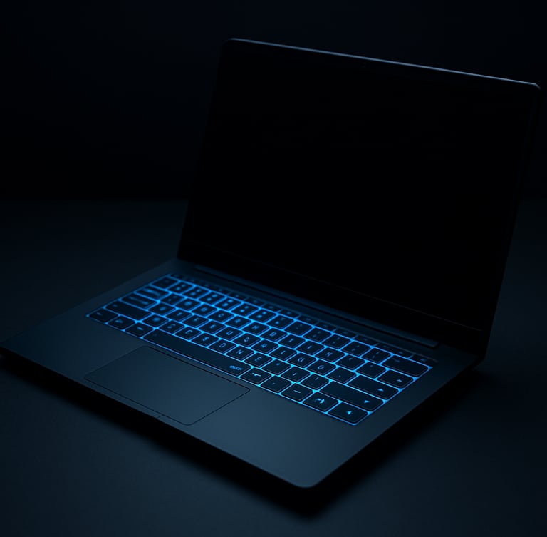 Sleek matte black laptop on a dark desk with sharp neon blue lighting reflecting on the keyboard, minimalist tech photography