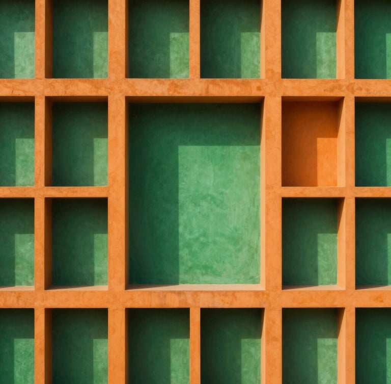 Clean, top-down architectural grid of a vibrant court layout in electric green and high-visibility orange, sharp midday sun casting geometric shadows.