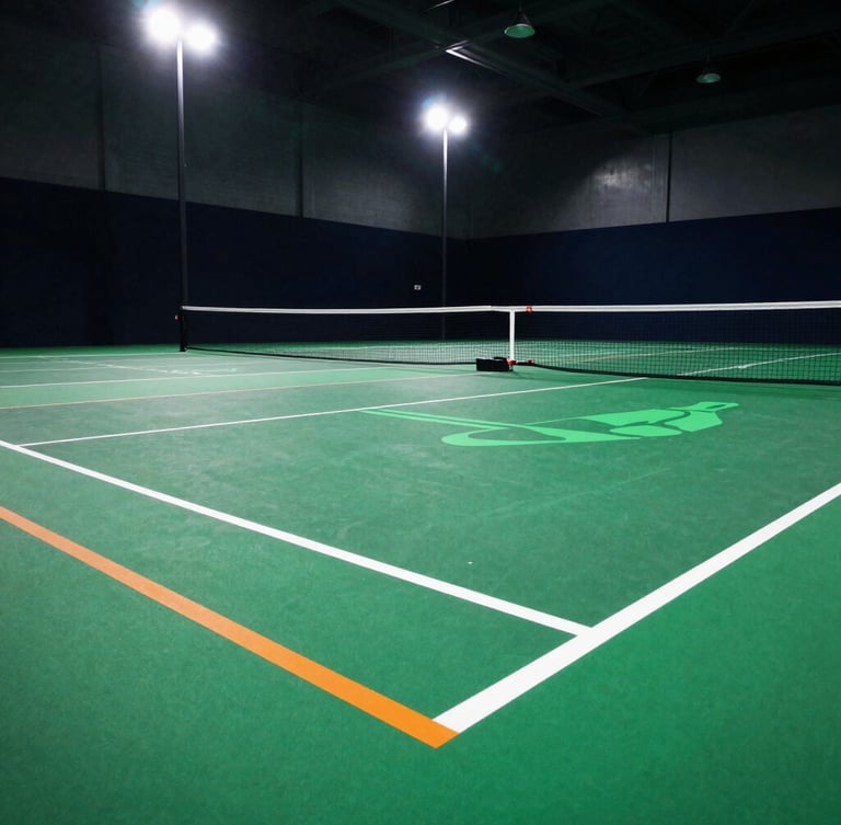 Dynamic low-angle shot of a fully branded championship pickleball court, featuring electric green graphics and bold orange lines under crisp indoor stadium floodlights.