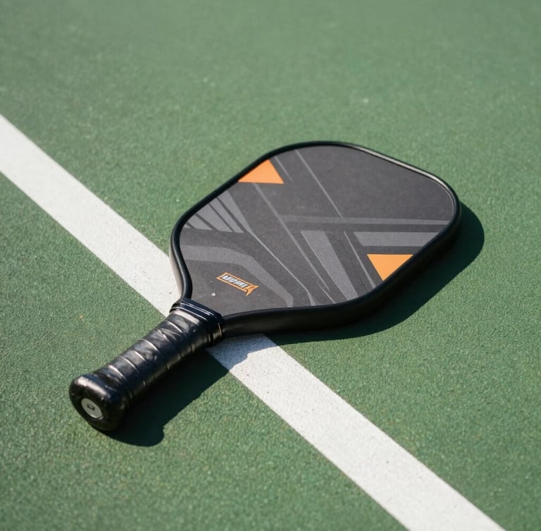 Dynamic low-angle shot of a custom-designed pickleball paddle with bold geometric graphics, resting on a vibrant green court surface with sharp white lines, high-intensity midday sun casting hard shadows.