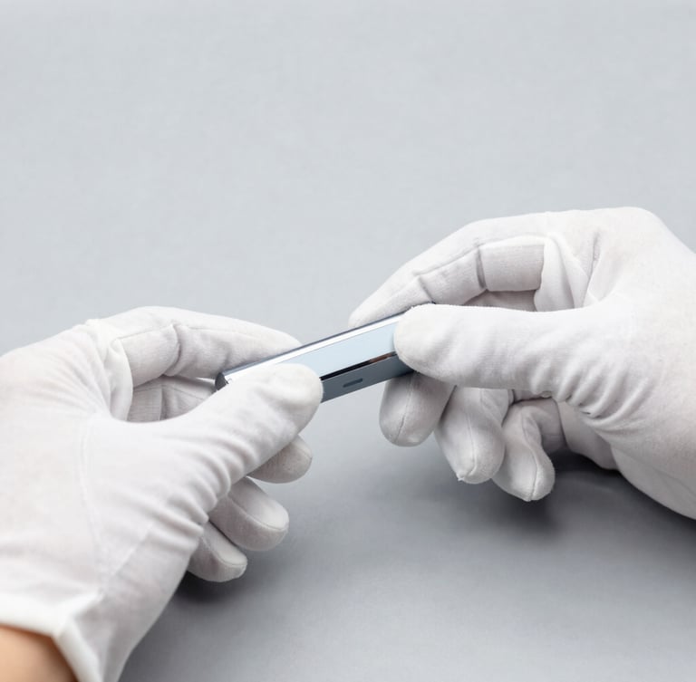Close-up of hands in white gloves inspecting a modern tech product on a clean gray surface, soft diffused studio light, focus on textures