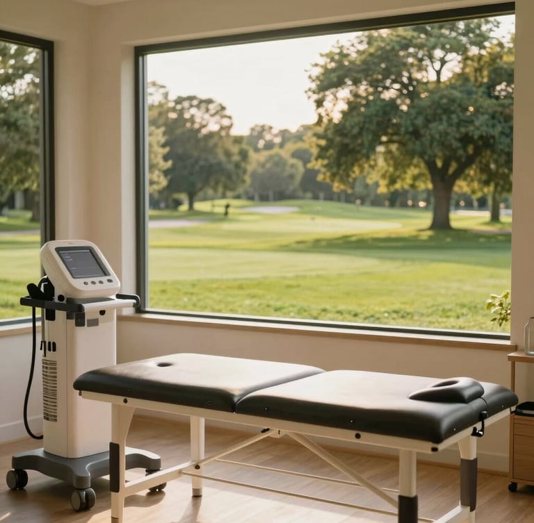 A bright, sun-drenched physical rehabilitation room overlooking a lush green park golf course, premium medical equipment, warm neutral tones, 35mm photography