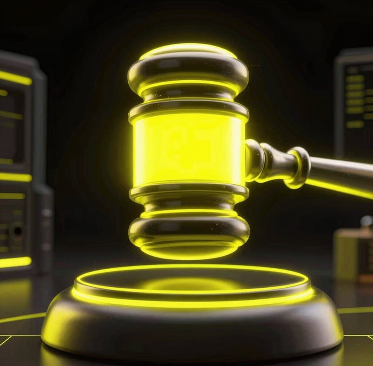 Extreme close-up of a glowing neon digital gavel striking a metallic surface, dark cyberpunk background, high-contrast yellow accents, bold composition