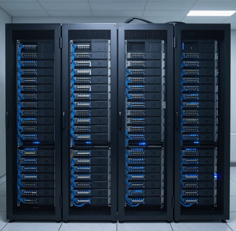 Symmetrical wide shot of a clean modern server room, neatly organized server racks with structured blue Cat6 cabling, subtle blue LED indicator glows, cool-toned professional lighting, 35mm