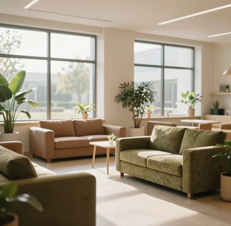A wide, bright, and clean common area of a high-end residential rehabilitation clinic, featuring comfortable, warm-toned furniture, natural light streaming through large windows, green plants, and a sense of calm and order, soft natural morning light, earthy tones and olive greens, shallow depth of field, 35mm lens, no people visible.