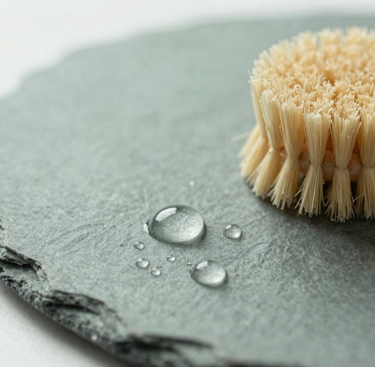 Macro close-up of water droplets on a smooth natural slate surface, with a soft wooden cleaning brush made of light beech wood nearby, bright morning daylight, minimalist composition, 35mm