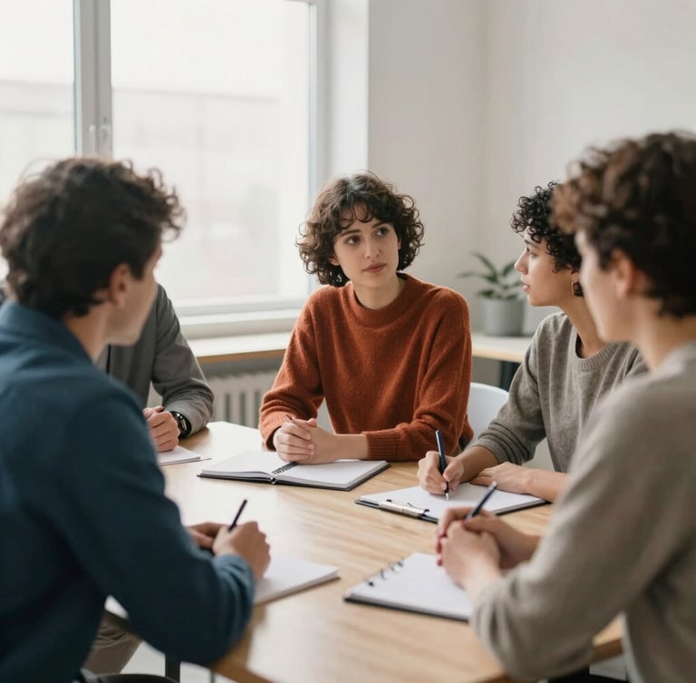 A professional collaborative meeting in a bright office, diverse people in warm sweaters talking around a table with notebooks, soft natural light, respectful and focused atmosphere