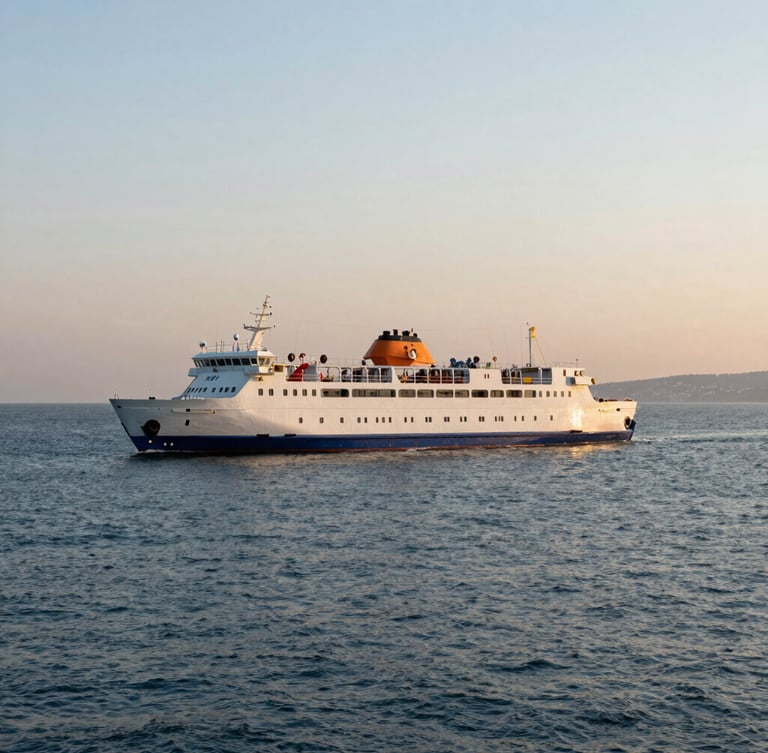 Atmospheric wide-angle shot of the Yalova-Istanbul coastal transit at golden hour, a sleek ferry moving across calm blue waters, soft horizon.