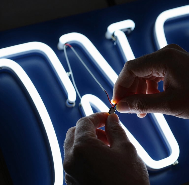 Macro shot of the fabrication process of an illuminated sign, hands adjusting LED wiring inside a corporeal letter, dramatic contrast, navy tones, 50mm lens